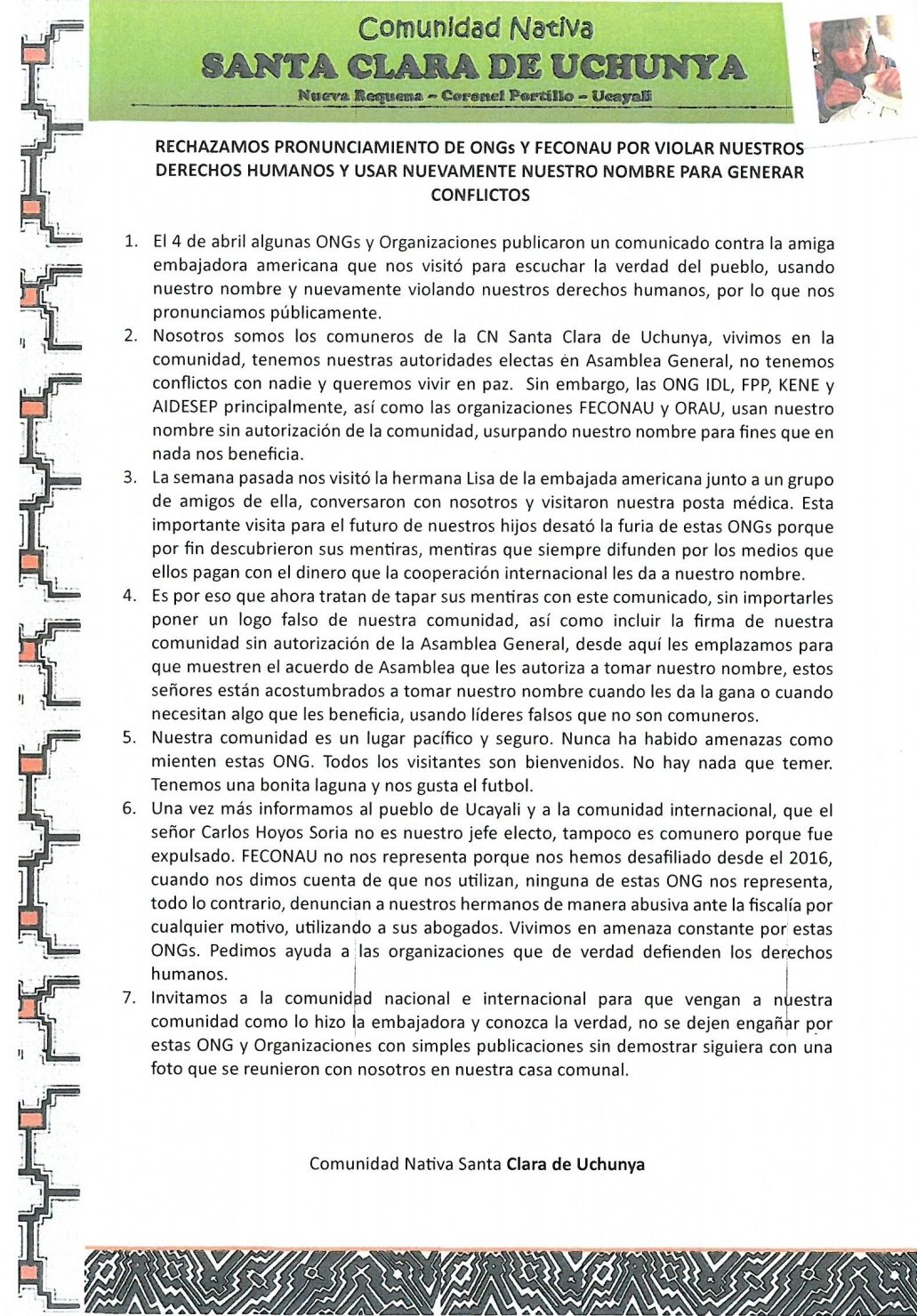 Documento 1 de la noticia Rechazo a las ONGs IDL, FPP, AIDESEP, FECONAU y ORAU
