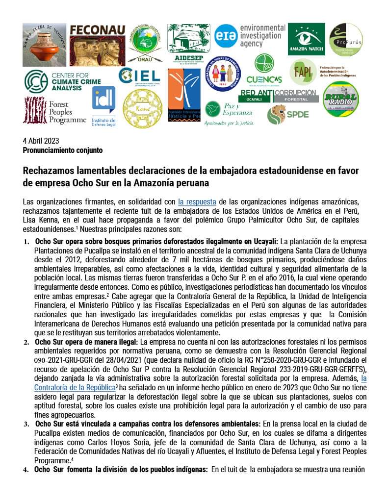 Documento 2 de la noticia Rechazo a las ONGs IDL, FPP, AIDESEP, FECONAU y ORAU