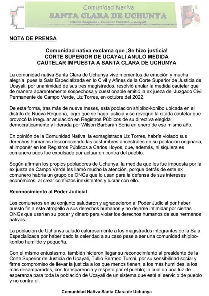 Documento 1 de la noticia Corte Superior anula medida cautelar contra la comunidad