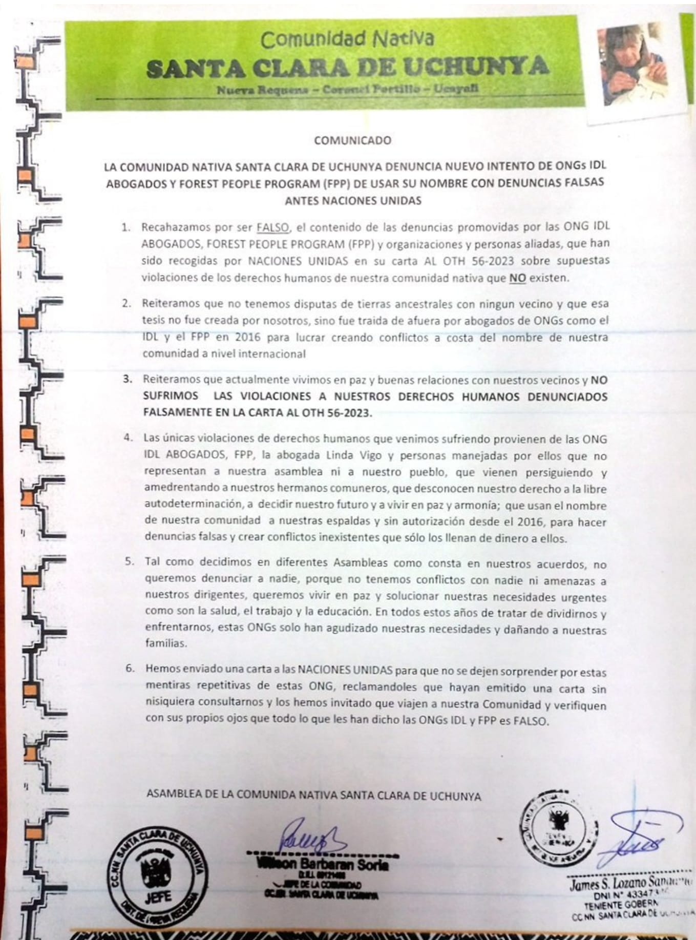 Documento 1 de la noticia Rechazo a denuncia falsa de IDL y FPP ante Naciones Unidas