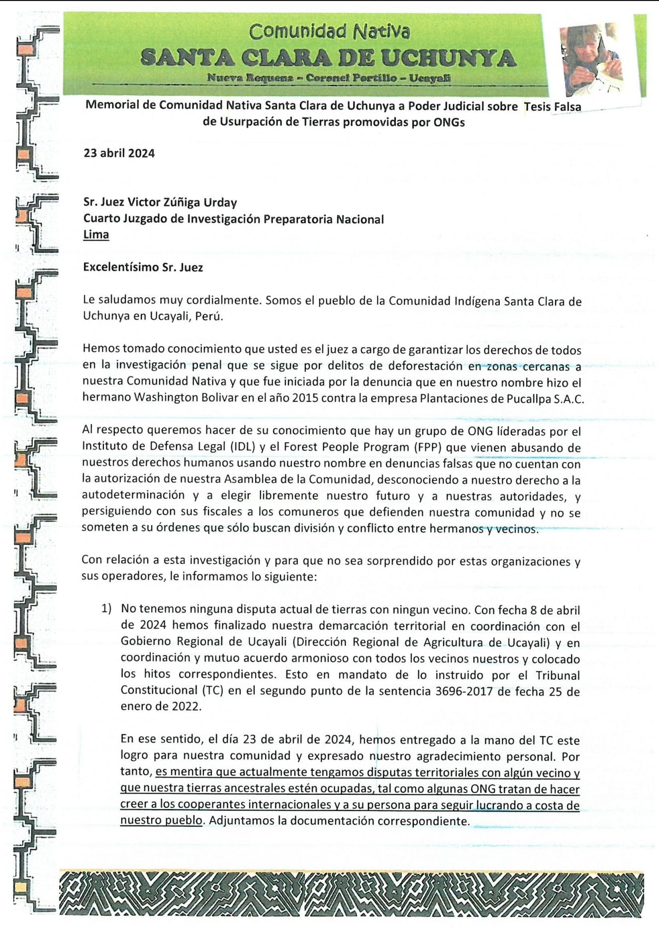 Documento 1 de la noticia Carta al juez Víctor Zúñiga por denuncias de las ONGs