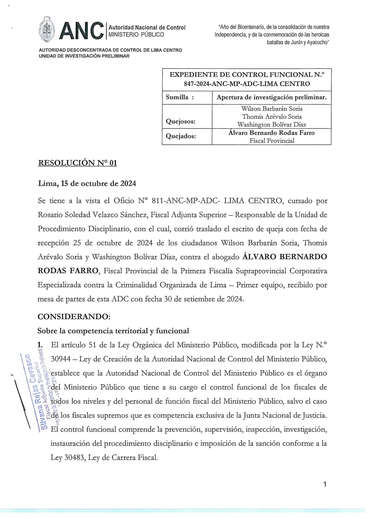 Documento 1 de la noticia Investigación al fiscal Álvaro Rodas Farro por discriminació