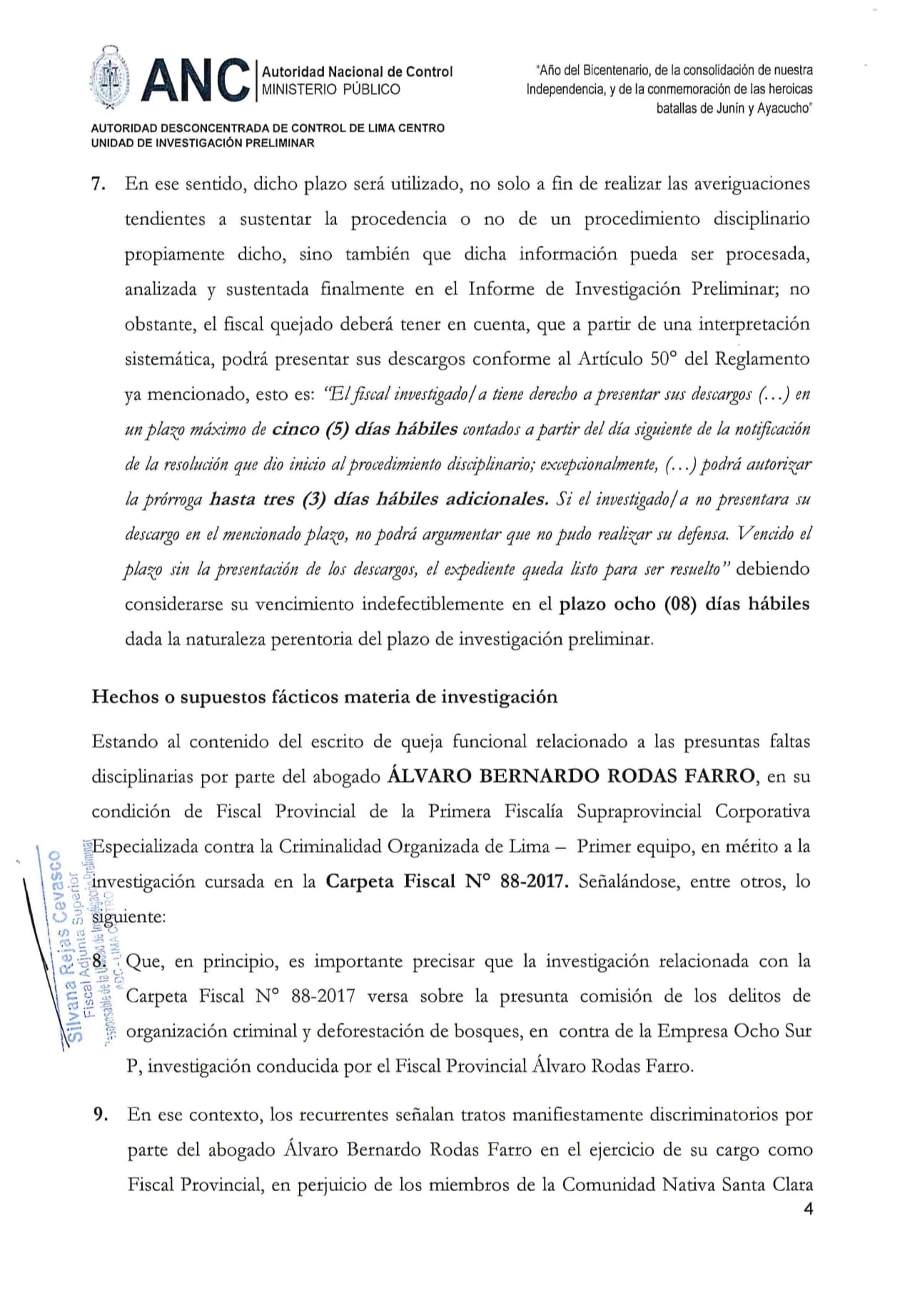 Documento 4 de la noticia Investigación al fiscal Álvaro Rodas Farro por discriminació