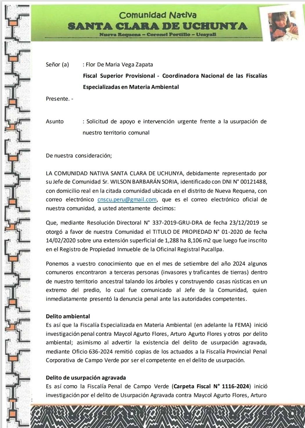Documento 5 de la noticia Cartas a ministerios por la invasión del territorio ampliado