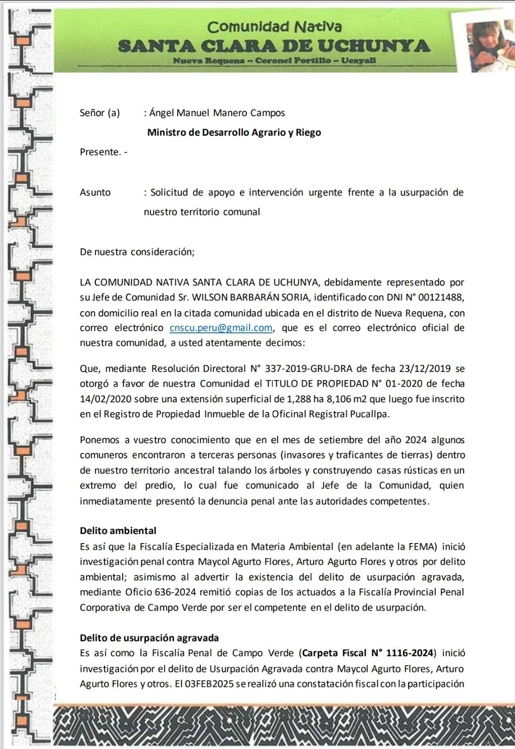 Documento 9 de la noticia Cartas a ministerios por la invasión del territorio ampliado