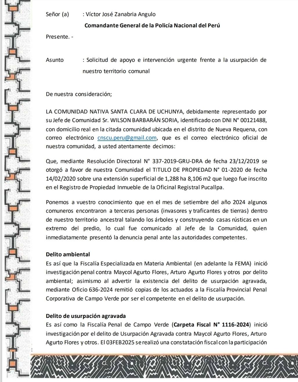 Documento 17 de la noticia Cartas a ministerios por la invasión del territorio ampliado
