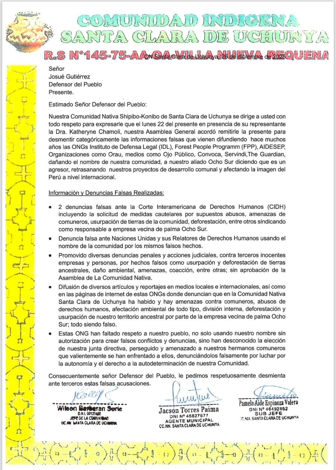Documento 1 de la noticia Pedido a la Defensoría del Pueblo para desmentir a ONGs