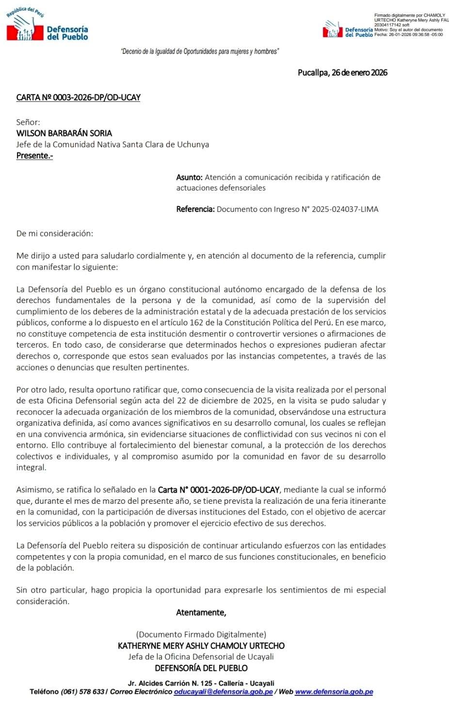 Documento 1 de la noticia Visita de la Defensoría del Pueblo a la comunidad