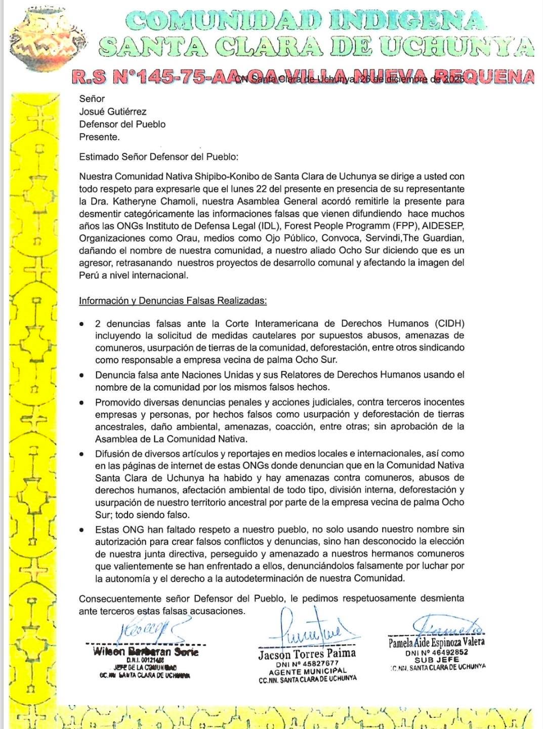 Documento 2 de la noticia Visita de la Defensoría del Pueblo a la comunidad