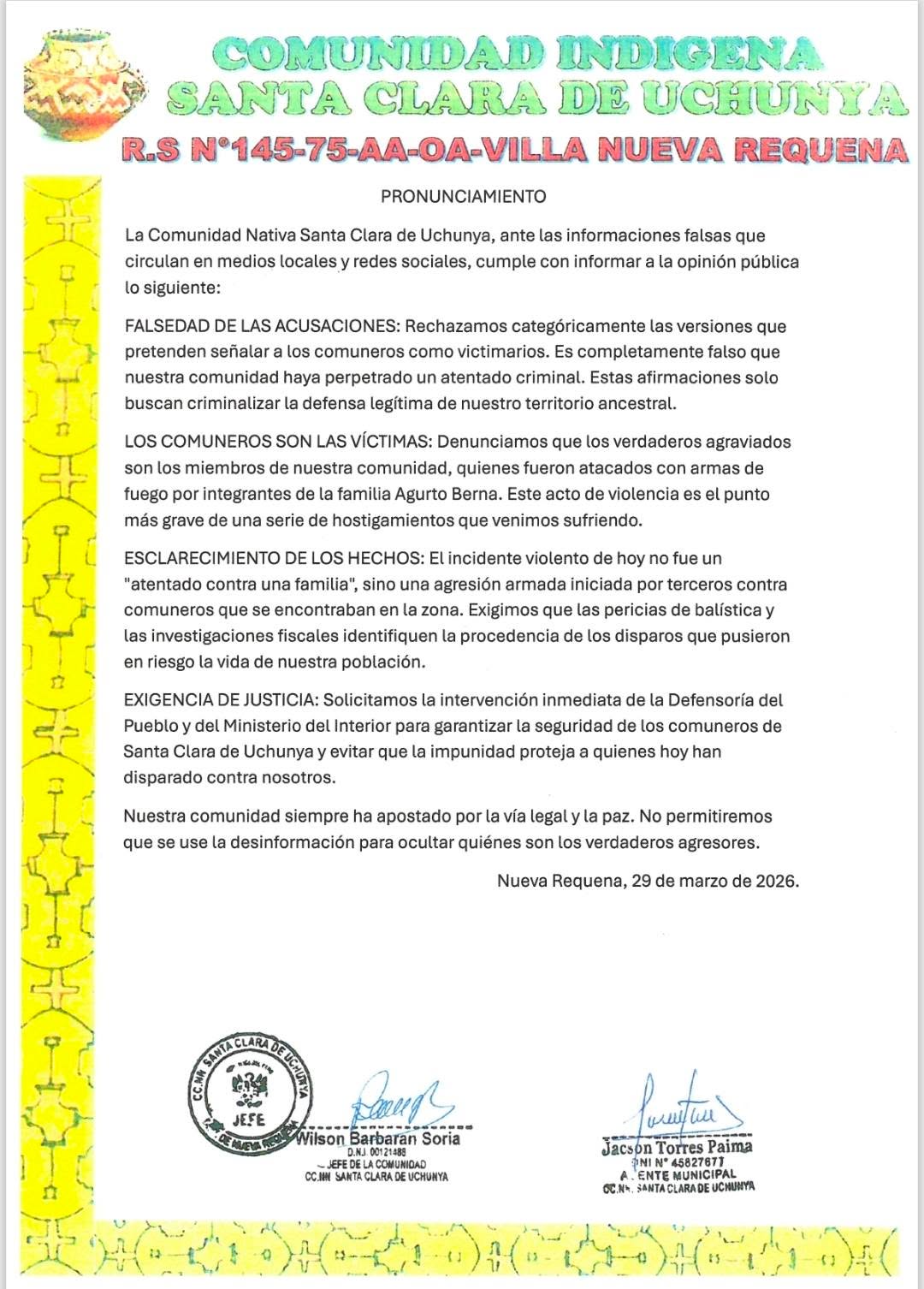 Documento 1 de la noticia Pronunciamiento sobre violencia en los linderos comunales