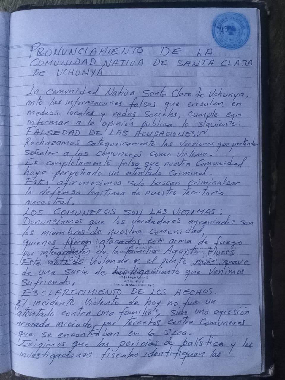 Pronunciamiento sobre violencia en los linderos comunales
